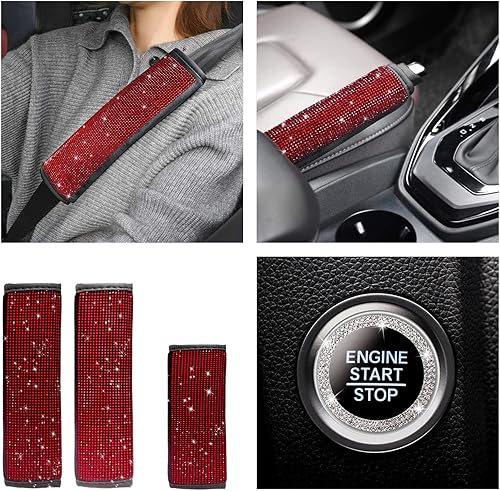 Juego de 4 almohadillas de terciopelo para cinturón de seguridad de automóvil con diamantes de imitación brillantes, funda de freno de mano de