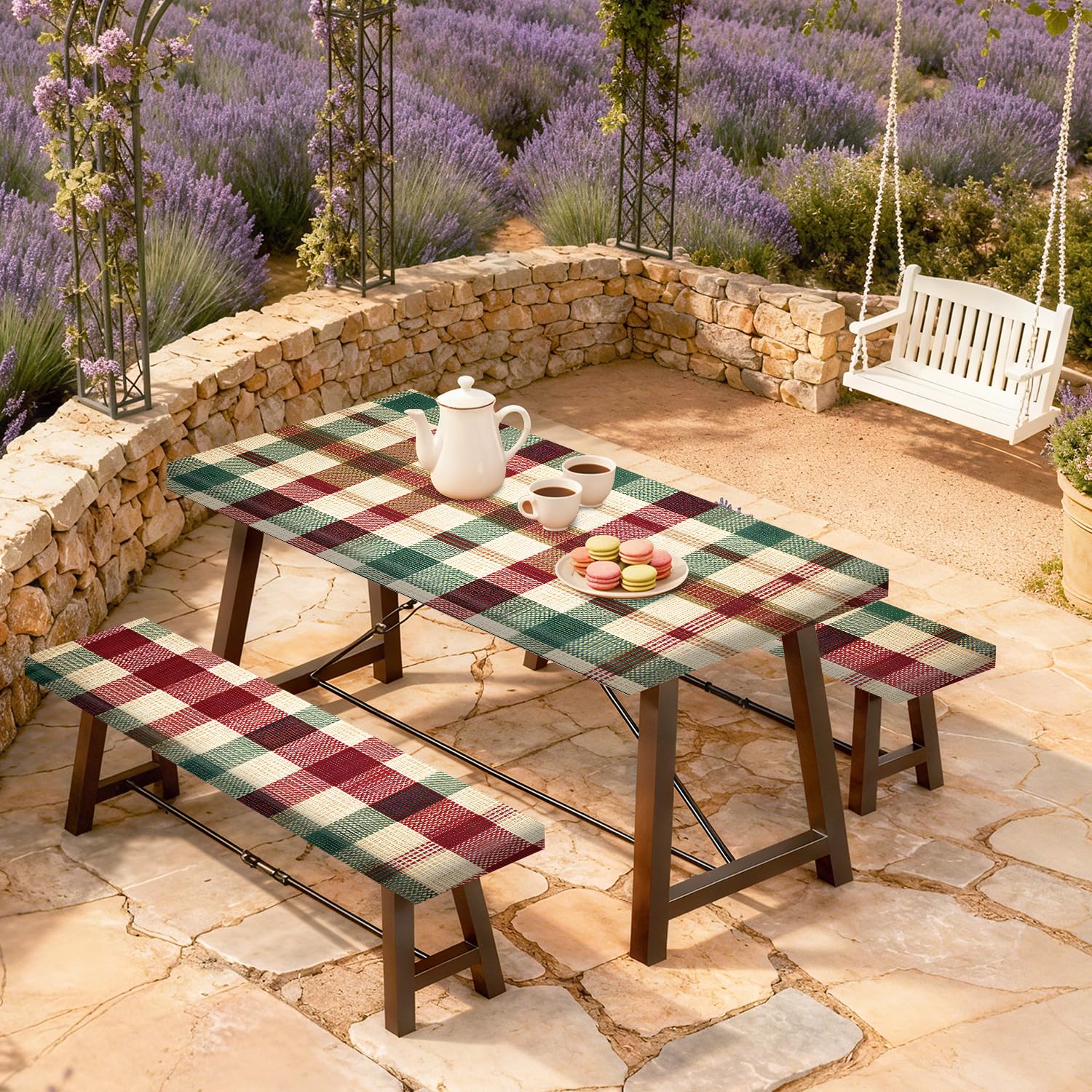 Nappe Table Pique Nique 6FT Carreaux Rouge Vert Lot de 3, Housse Imperméable Extérieur 72"x30" avec Housses Banc