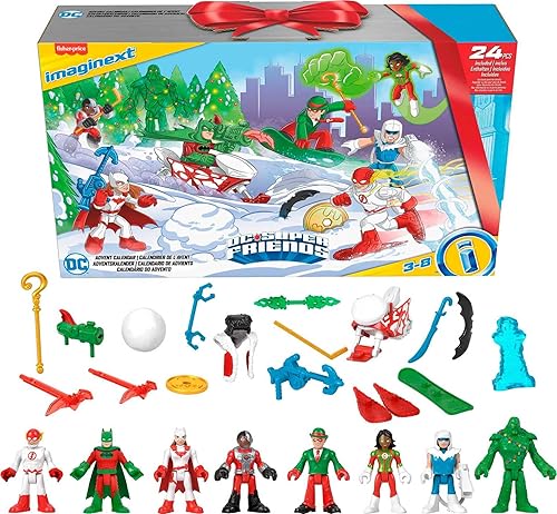 Fisher-Price Imaginext DC Super Friends Calendario de Adviento, juguete de Navidad con 24 figuras y accesorios para niños preescolares a partir de 3