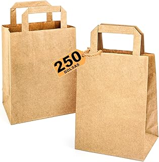 PuertoPack 250 Bolsas de Papel Kraft con Asas Resistentes – Tamaño 18 x 8 x 23 cm - Bolsas de Regalo Ecológicas para Fiestas, Compras y Comercios - Color Marrón​