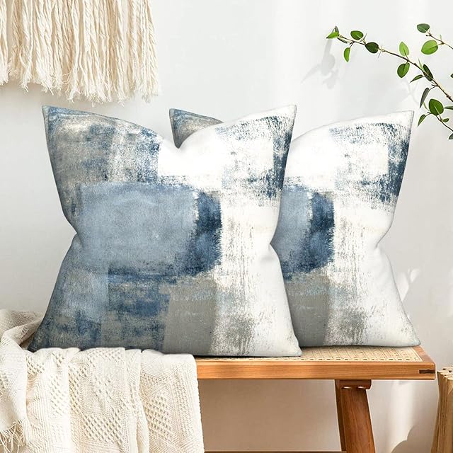2 Pack Throw Pillow Covers Soft Touch Plush 18x18 Abstract Artwork Cushion Covers Decorative Modern Gallery Style Pillow Cases for Sofa Couch Home Decor Decorations(Blue Gray White)