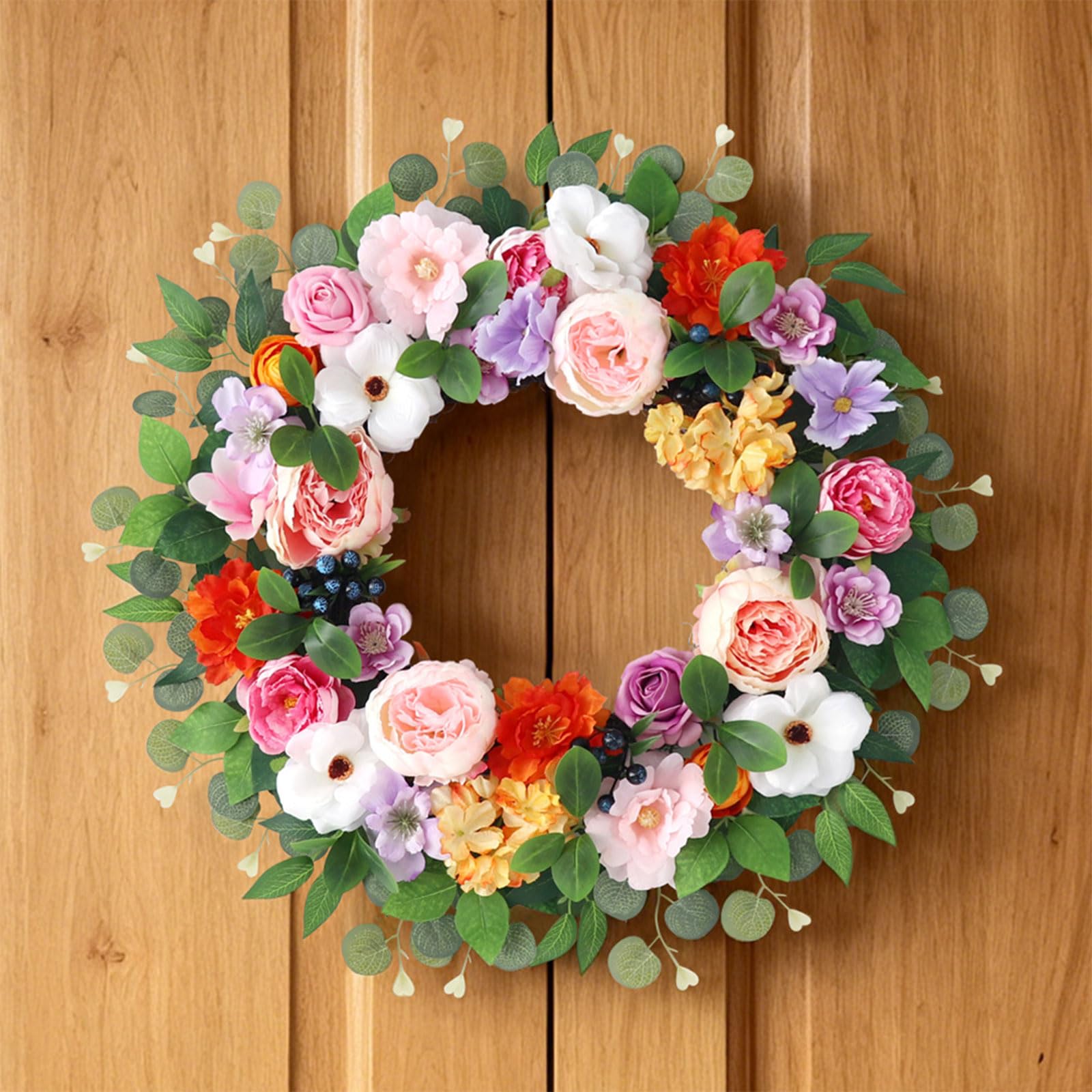 Corona de flores artificiales de 55 x 55 cm, resistente a la intemperie, corona de primavera para boda, día de la madre, decoración interior y exterior, fiesta para colgar en la pared