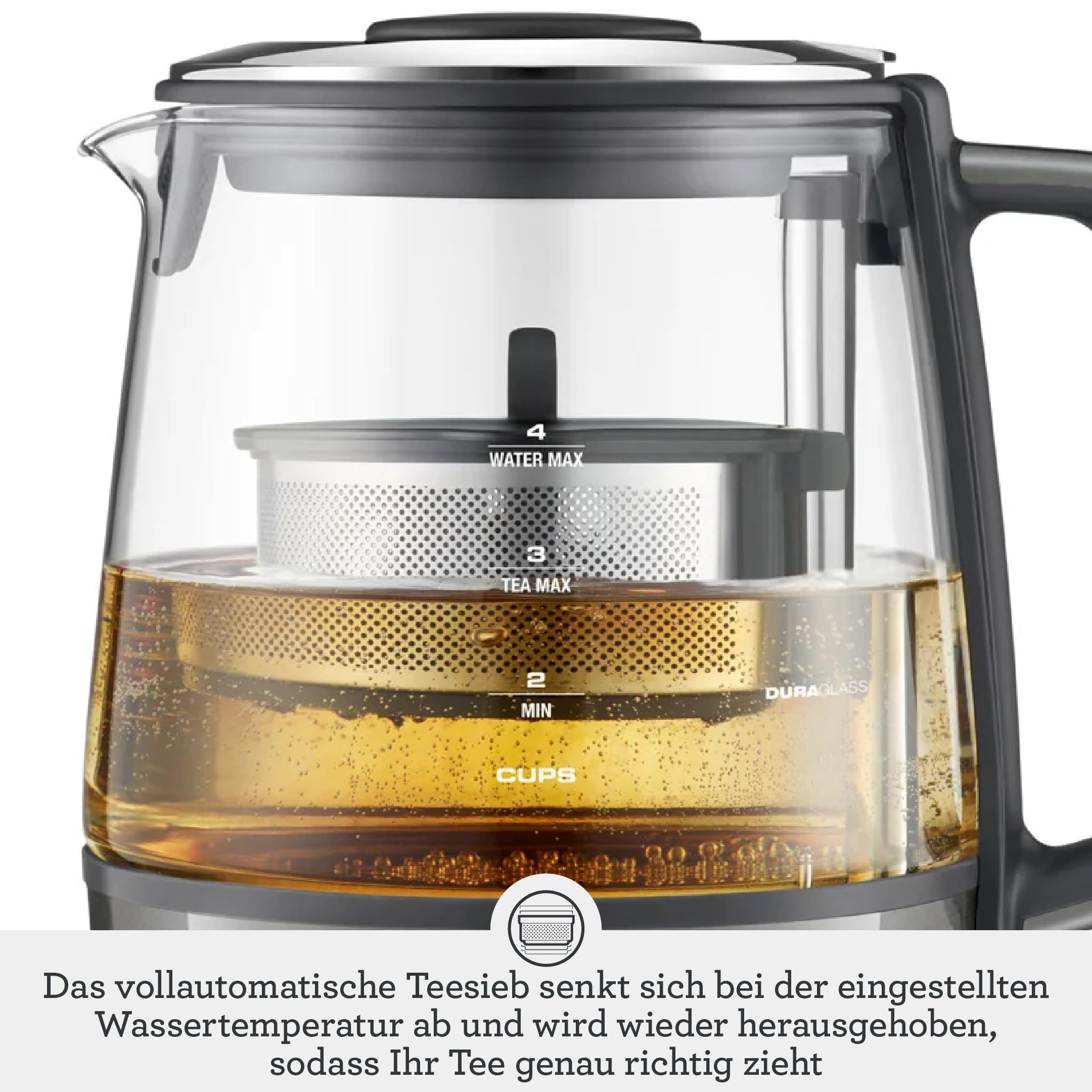 Sage - The Tea Maker - Teekocher - Teesieb mit Abesenkautomatik, optimale Ziehzeit, Stärke & Temperatur, Alle Teesorten - Wasserkocher, 1,5 L Fassungsvermögen, 2000W, Glas - Smoked Hickory