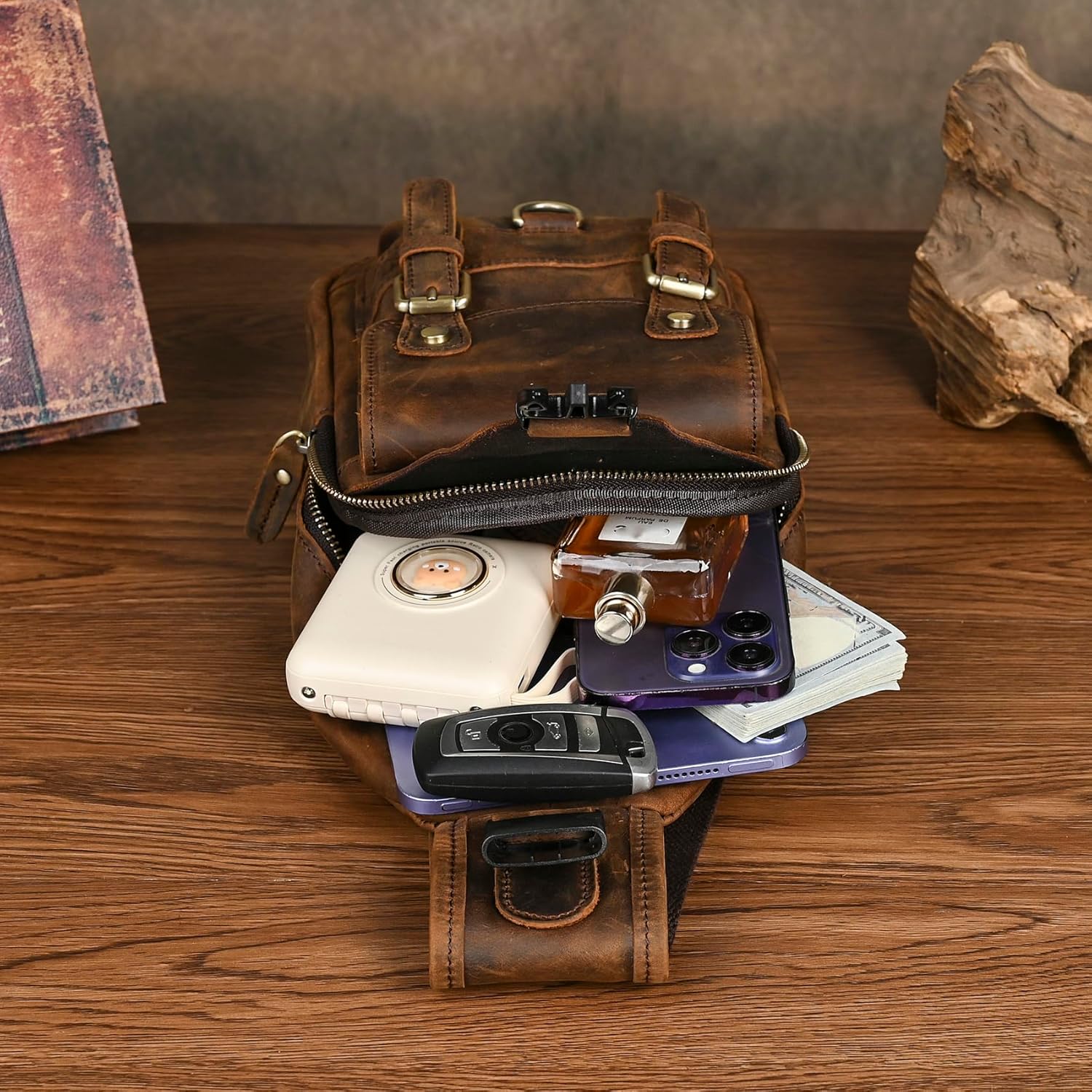 Thick Crazy horse Leather Triangle Crossbody Sling Chest Bag Travel One Shoulder Bag Daypack For Men Male 3028 - Image 6