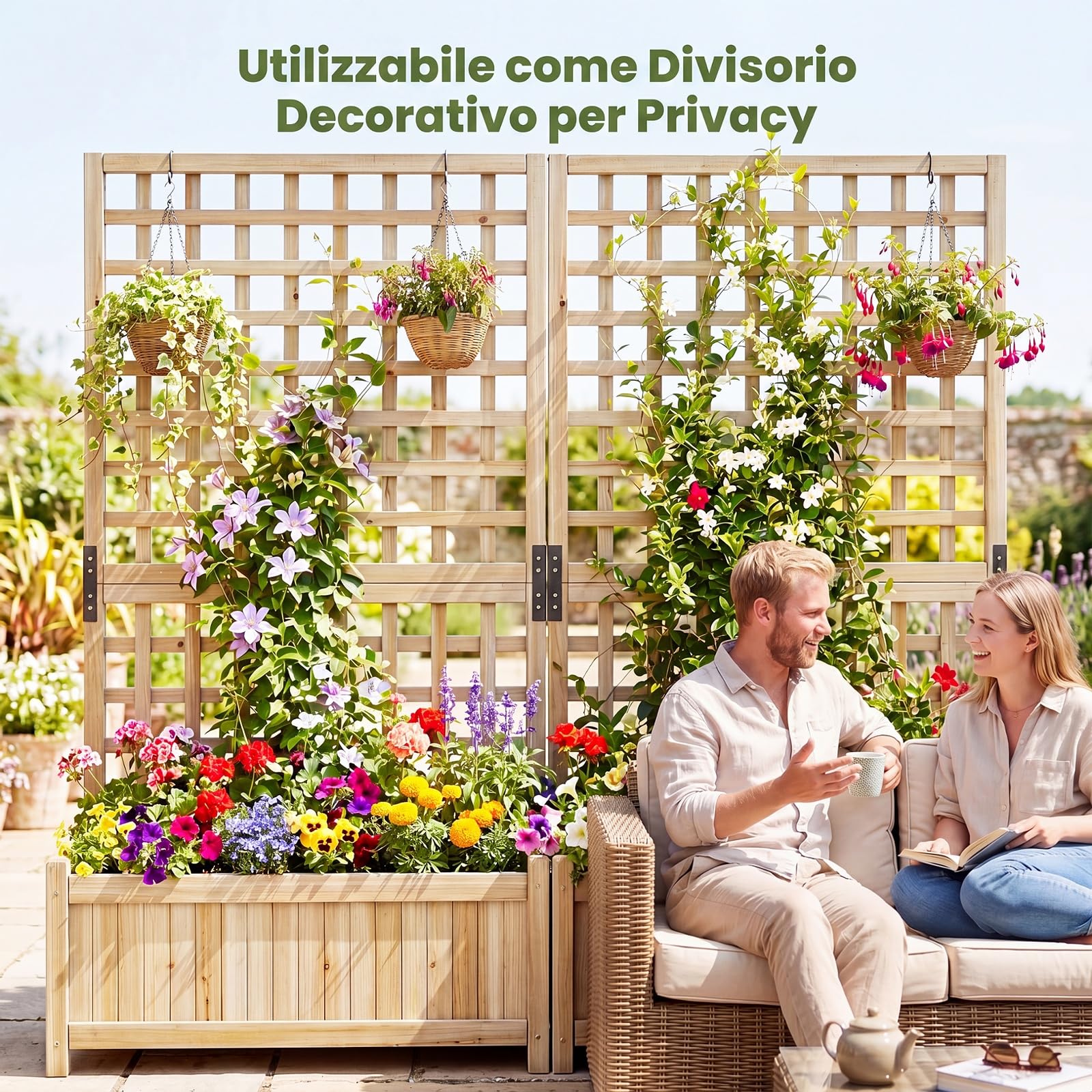 COSTWAY 2 in 1 Fioriera con Traliccio, Letto Orto Rialzato in Legno con Grigliato per Piante Rampicanti, Pannello Rimovibile e Fori di Drenaggio, per Fiori e Verdure, 76 x 32 x 143 cm (Naturale)