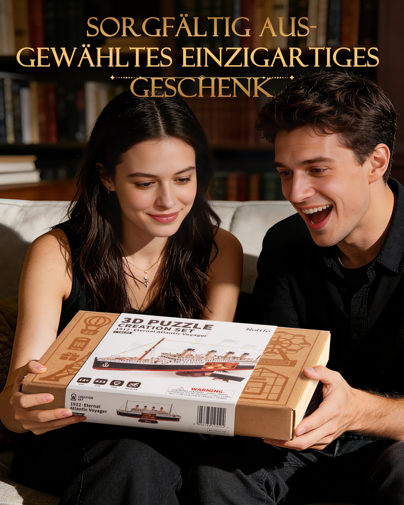 Rolife 3D-Holzpuzzle Titanic Schiffsmodell - 433-teiliges Steckbaustein Bausatz 6 Stunden Montagezeit, Sammler Wohnkultur Deko, Erwachsene, Bastler und Geschichtsinteressierte