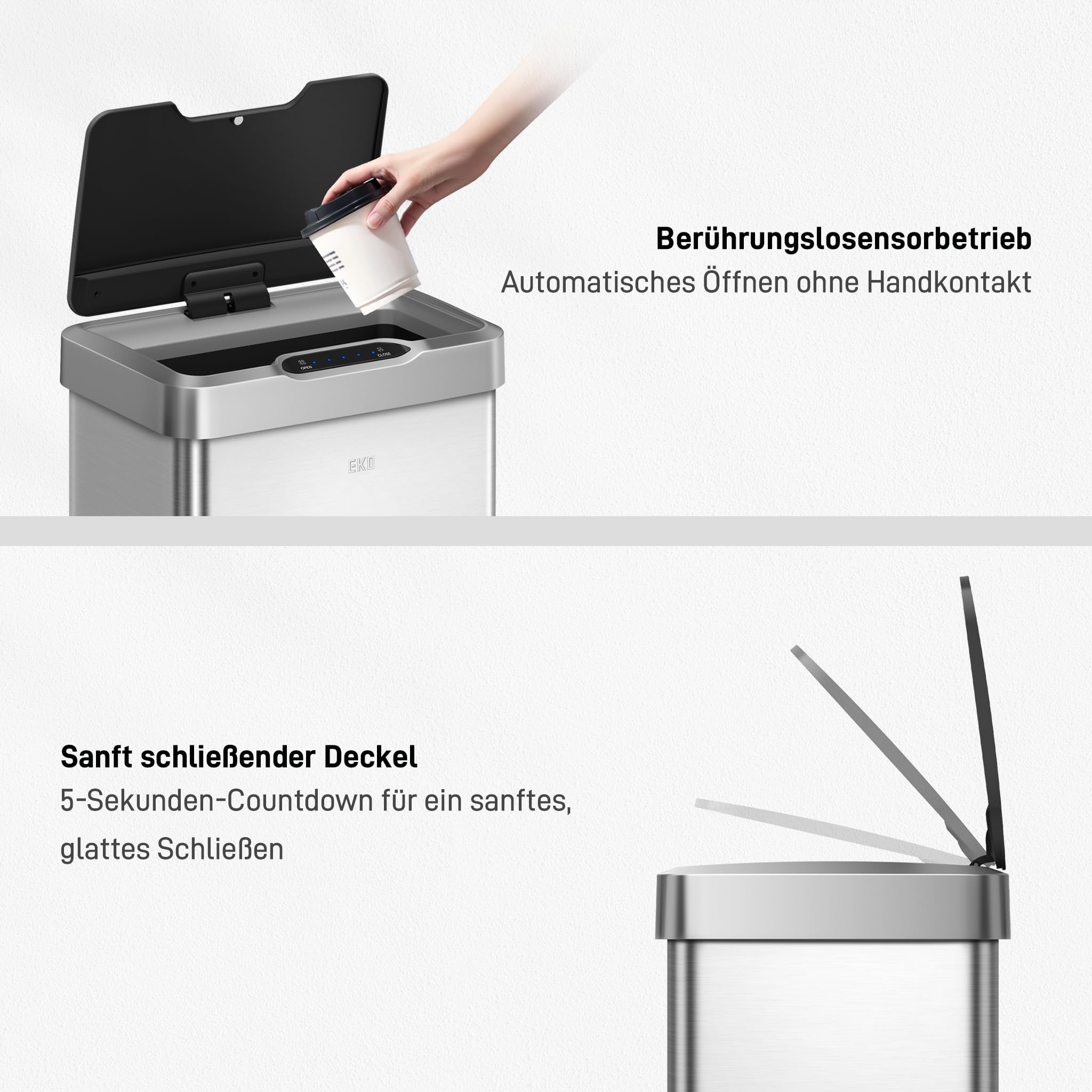 EKO Mirage-T 50L Mülleimer mit Sensor, Automatischer Abfalleimer für die Küche, Rechteckiger Bewegungssensor Mülleimer, Sanft Schließend mit Deckel, Fingerabdruckresistente, Gebürsteter Edelstahl