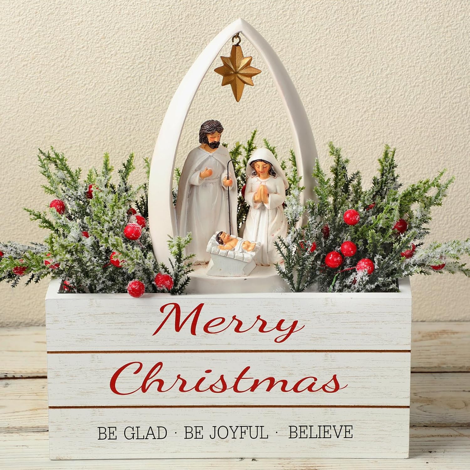 Weysat Christmas Nativity Set Christmas Nativity Scene Centerpiece Indoor Decor with Wooden Basket Artificial Red Berry Picks Religious Mantle Shelf Decor Tabletop Jesus Figurine
