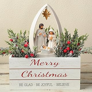 Weysat Christmas Nativity Set Christmas Nativity Scene Centerpiece Indoor Decor with Wooden Basket Artificial Red Berry Picks Religious Mantle Shelf Decor Tabletop Jesus Figurine