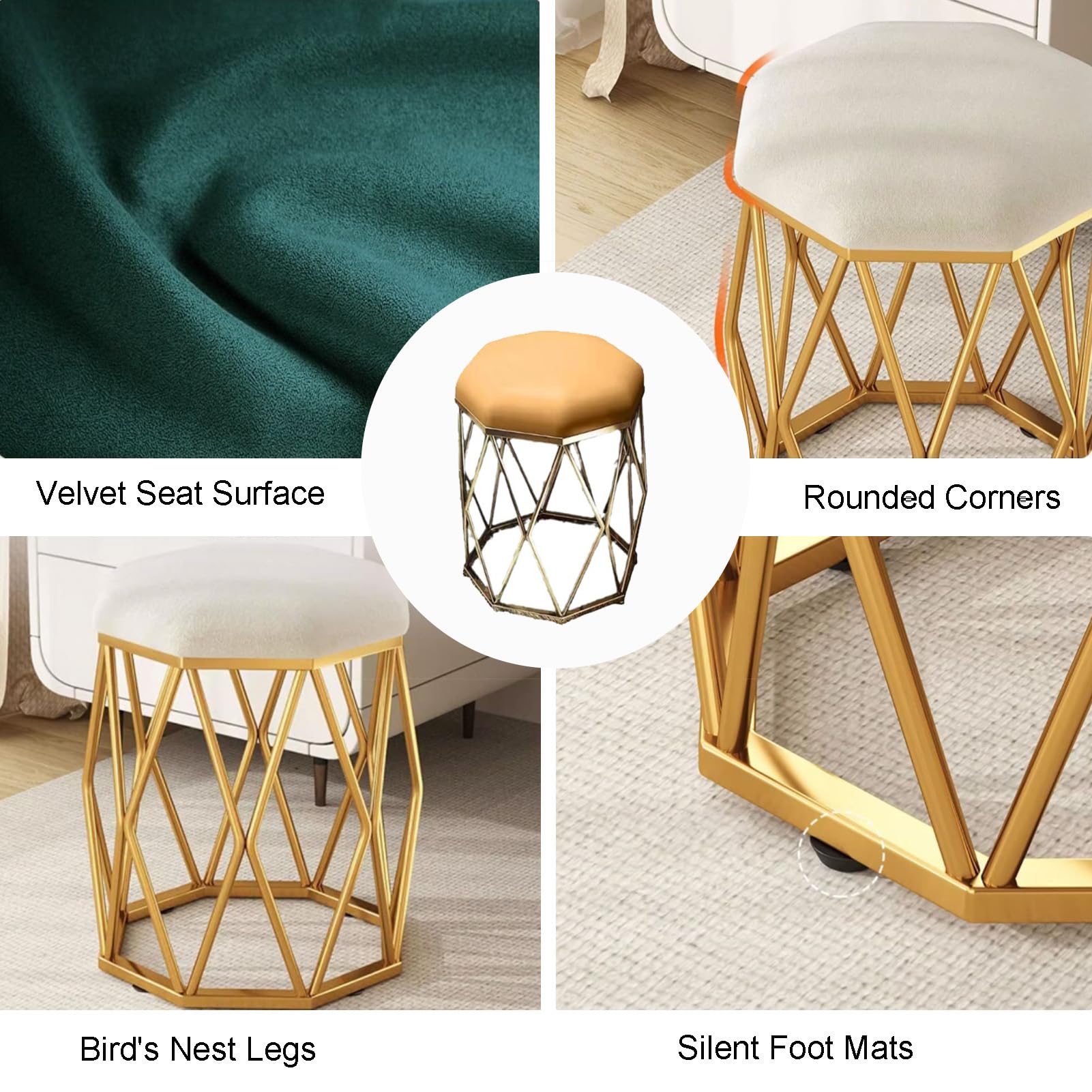 sdneNest Seduta imbottita in velluto moderno con gambe in metallo per soggiorno, camera da letto e dormitorio, elegante arredamento beige per trucco e seduta, giallo
