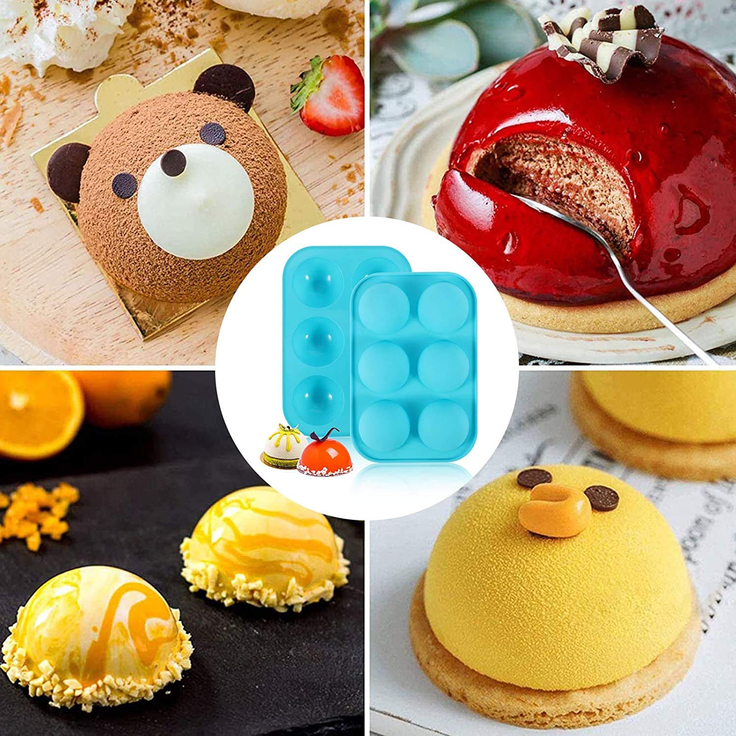Moule en Silicone de Demi-sphère de 4 pcs, 6 moules Semi-Forme de la cavité Sphere Sphere Sphere Cupcake Moule de Cuisson for Chocolat, gâteau
