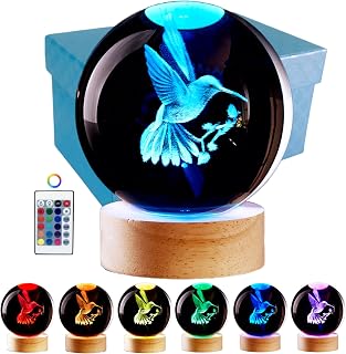 3D Hummingbird Crystal Ball Lamp,Lifelike 3D LED Bird Night Light,16 Colors Changing Light,Dimmable Remote Control,Desk Hummingbird lamp (Bird)