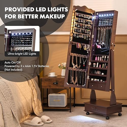 Miniatura 4 de GOFLAME Armario de joyería independiente organizador de joyas con cerradura con ángulo ajustable de 3 posiciones ruedas espejo de longitud completa
