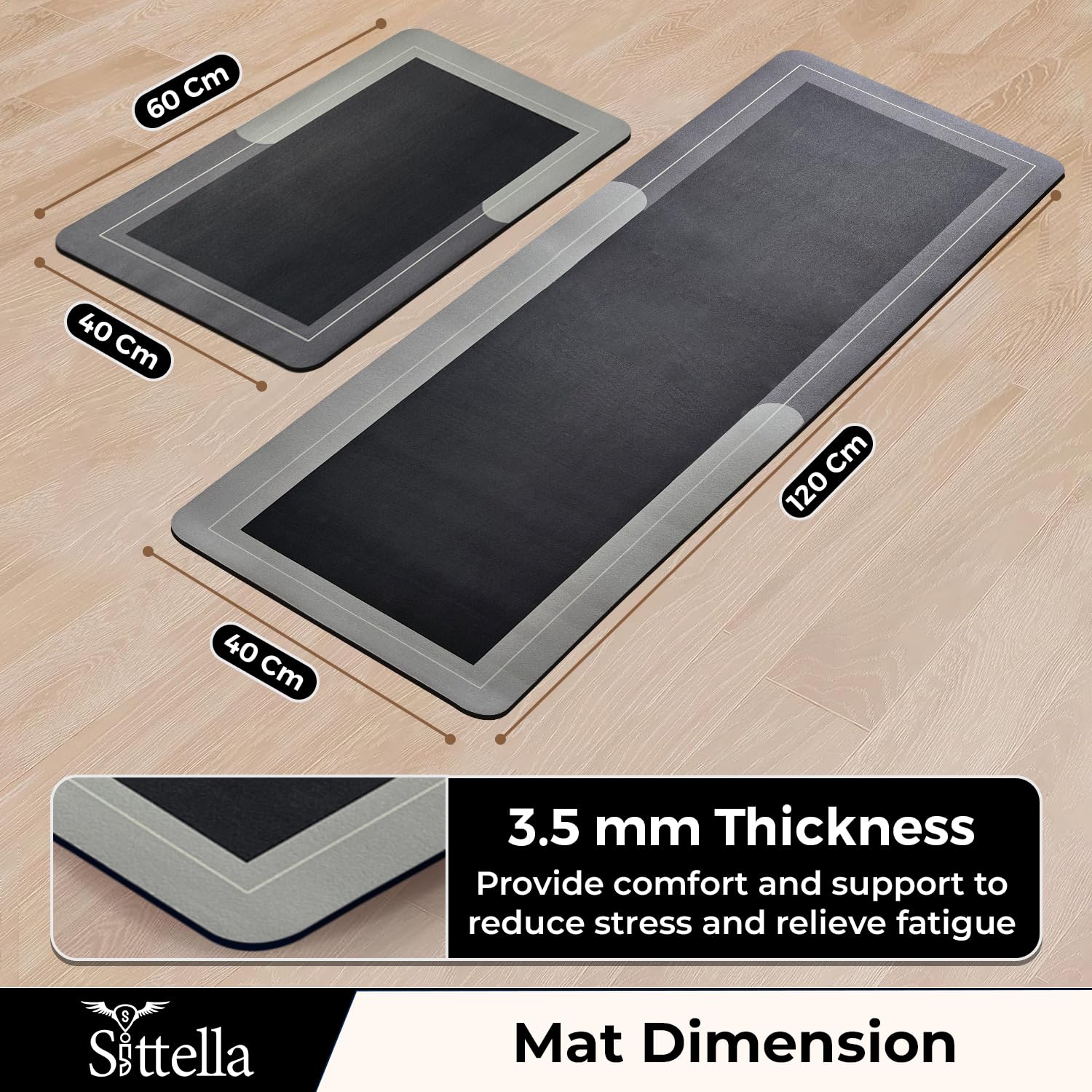 SITTELLA Rubber Kitchen Mats Set of 2, Anti-Skid Kitchen Mats, Water Absorbent Rug, Carpets, Floor Mat for Home and Kitchen (120x40cm & 40x60cm) Grey, Rectangular 1