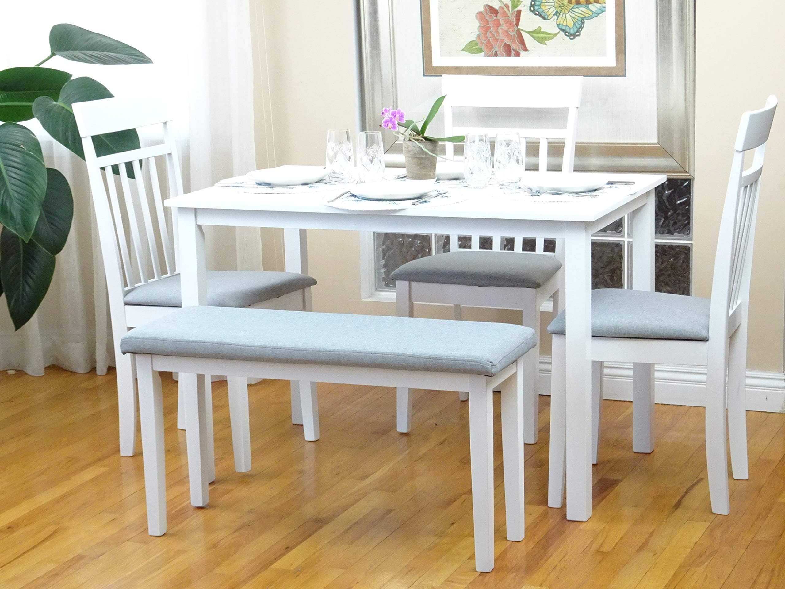 5 Pc Dining Kitchen Set of Rectangular Table and 3 Chairs Warm 1 Stained Bench Classic Style Solid Wood in White Finish