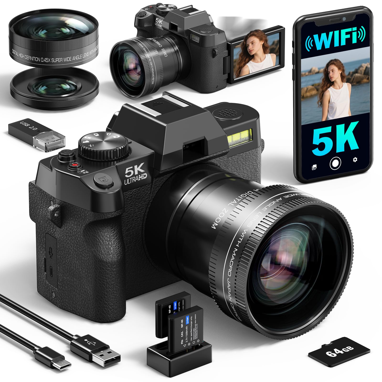 Appareil Photo numérique 5K 64MP caméra de WiFi vlogging | Youtube contrôlée par et Application, Appareil Photo Compact avec Carte TF 64 Go, objectifs Grand-Angle et Macro