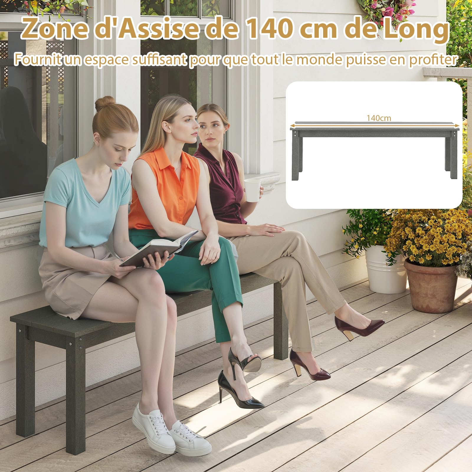 COSTWAY Banc Exterieur Jardin pour 2-3 Personnes, Banc de Jardin en HDPE, Surface en Grain de Bois, Barres en Métal, Banquette pour Porche Piscine Cour, Charge 340 kg, 140 × 35 × 45 cm (Gris)