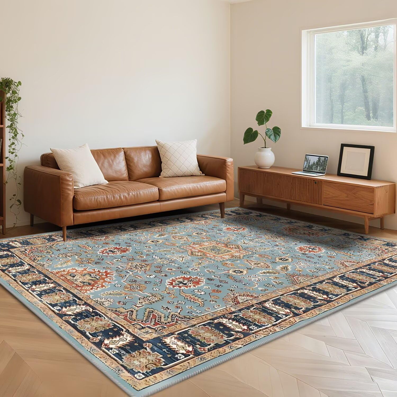 Tapis lavable bleu rétro 180x250 cm à poils courts doux pour grand salon et chambre
