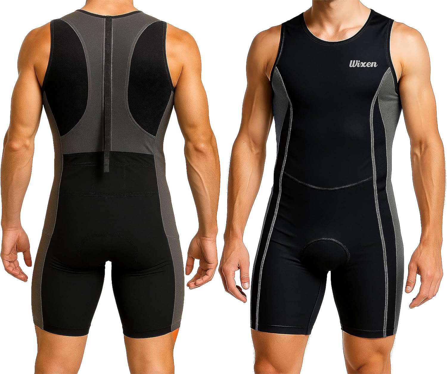 Wixen Men’s Triathlon Suit – Padded One-Piece Sleeveless Trisuit with Rear Zipper for Running, Swimming, Cycling