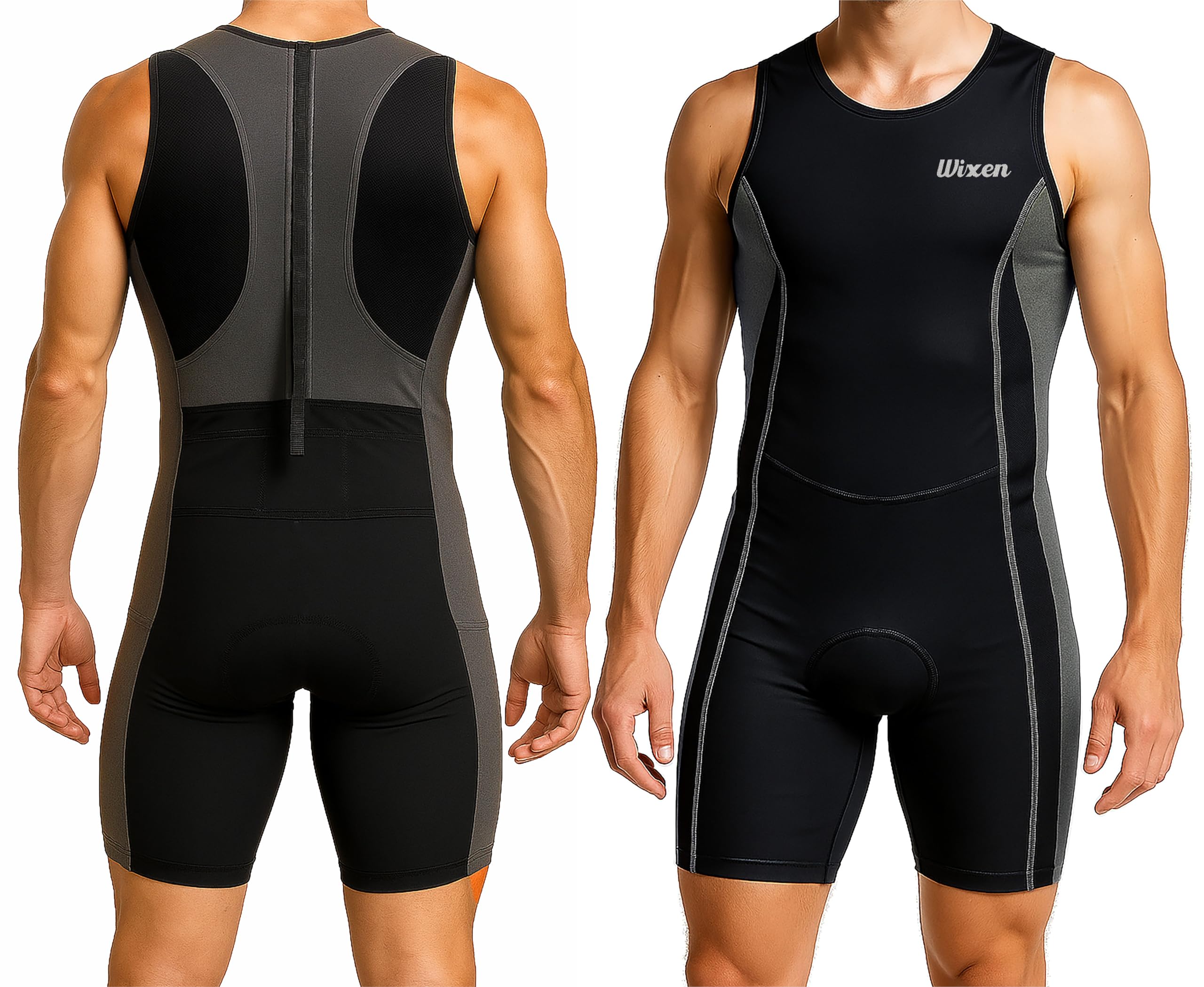 Wixen Men’s Triathlon Suit – Padded One-Piece Sleeveless Trisuit with Rear Zipper for Running, Swimming, Cycling, Gray, M