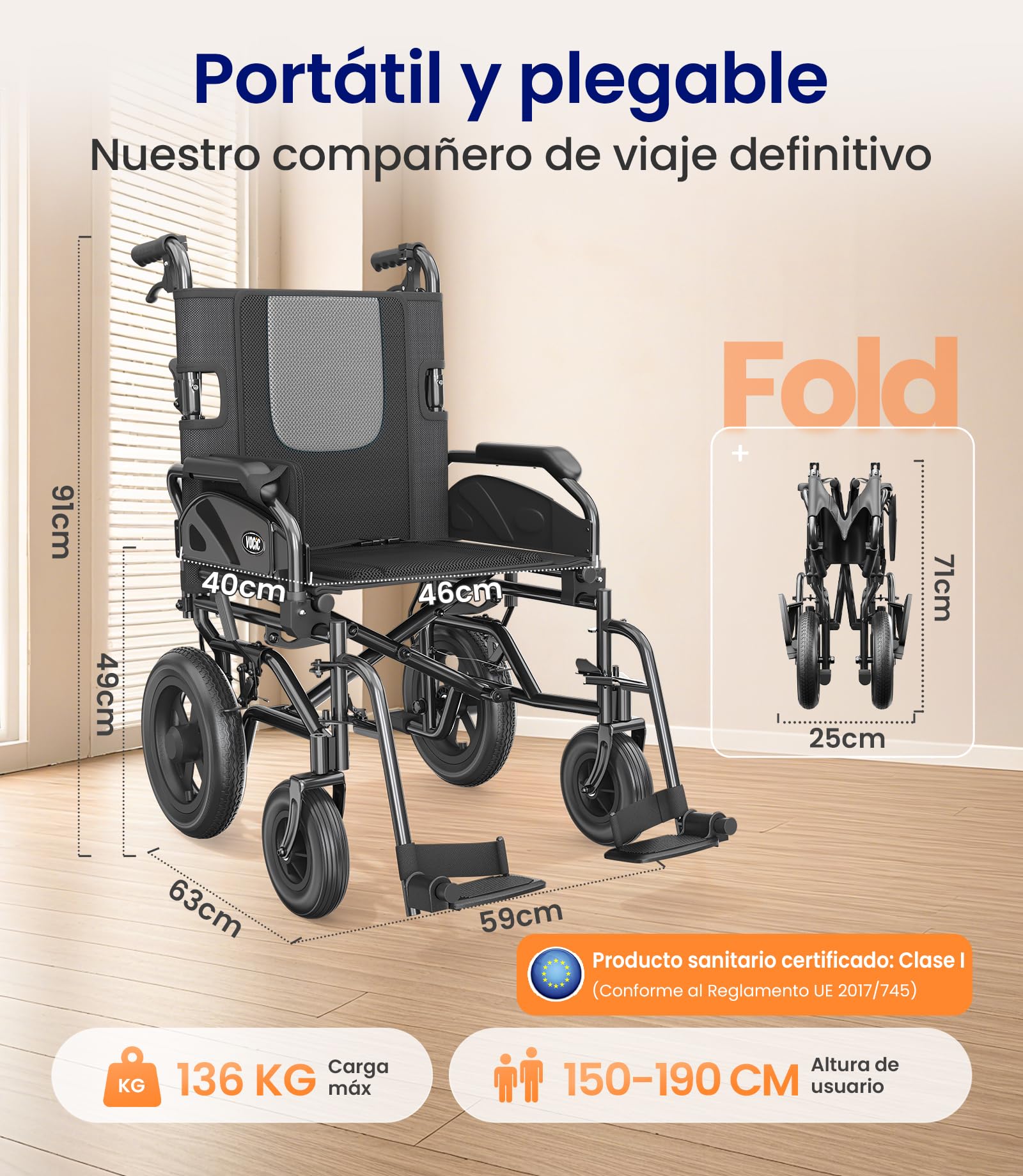 VOCIC Silla de ruedas U11, plegable, ligera, 13 kg, silla de ruedas para apartamento, plegable hasta 136 kg, asiento 46 cm, dos frenos, 30 cm, cojín de malla 3D, sillas de ruedas estrechas