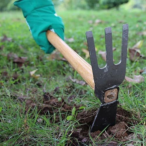 Miniatura 6 de SENJEOK 2 piezas de azada y cultivador de mano, herramienta de desmalezado de doble cabeza, herramienta de jardín de azada con hoja de acero al
