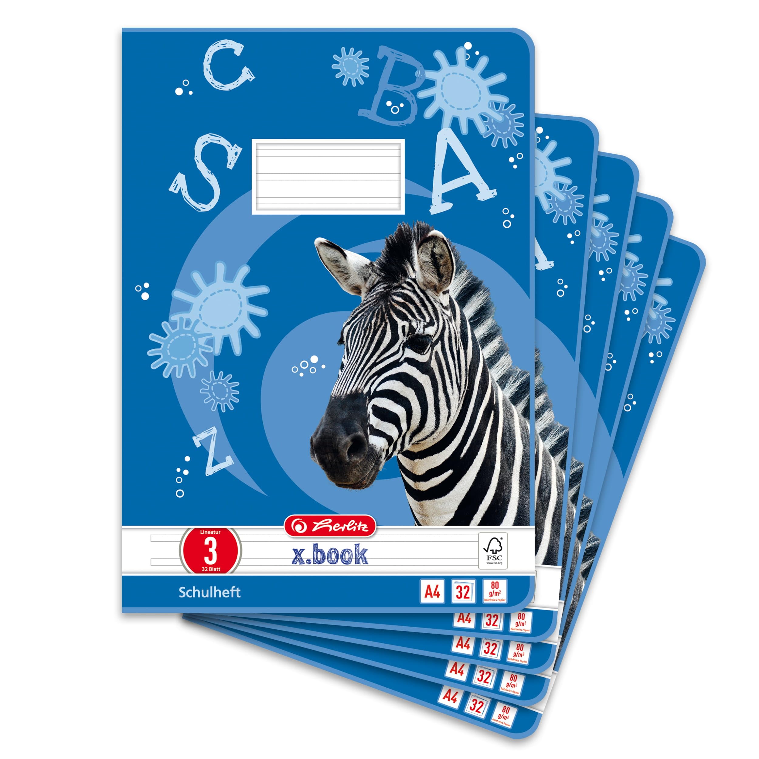 Herlitz 10767283 A4 32 Sheets Line Style 03, Motif Zebra, FSC Mixed Pack of 5)