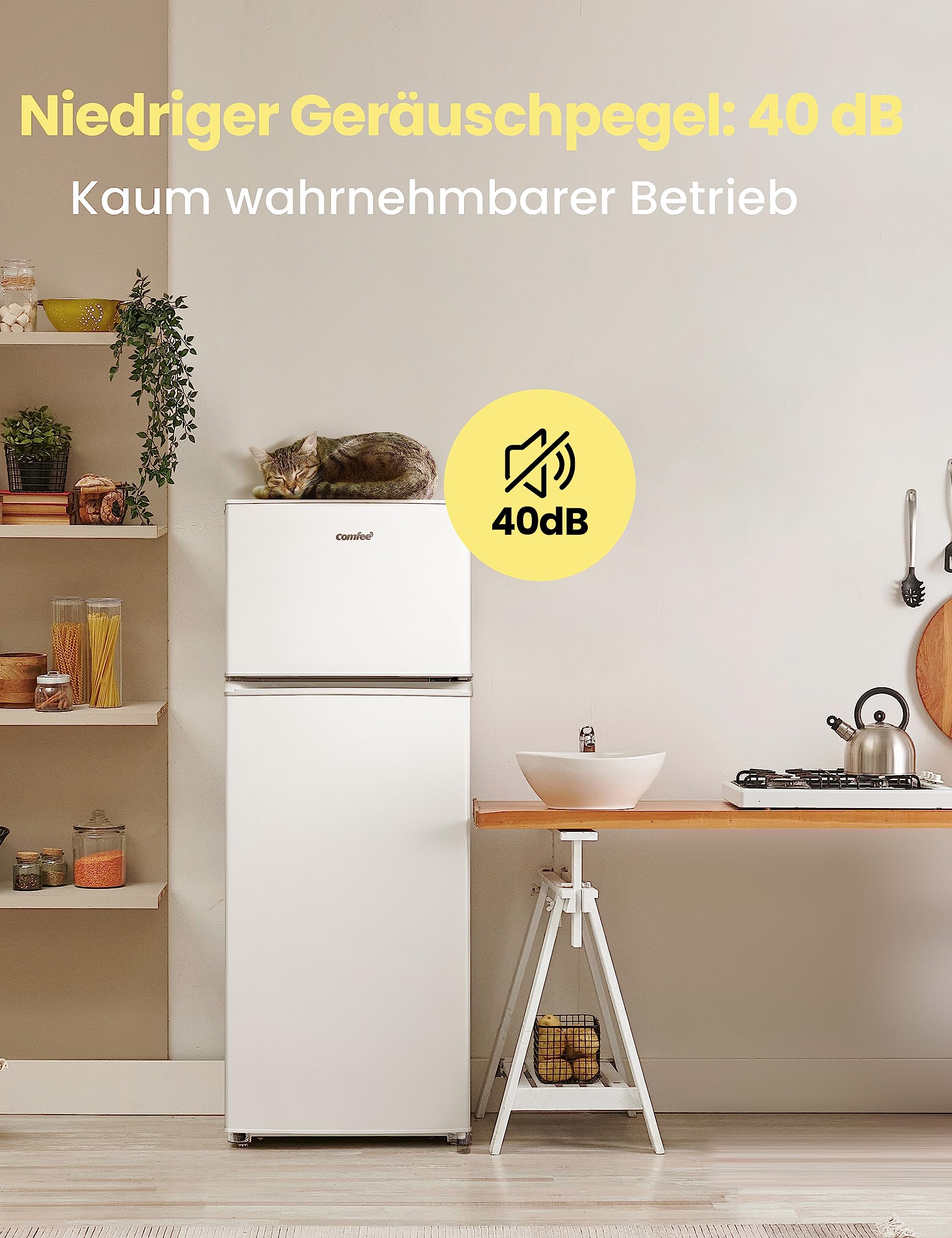 Comfee RCT284WH2A Kühl-/Gefrierkombination/Gefrierteil oben/176 kWh/Jahr/143cm Höhe/LED Licht/Reversibles Türscharnier/Weiß 204L – Bild 5