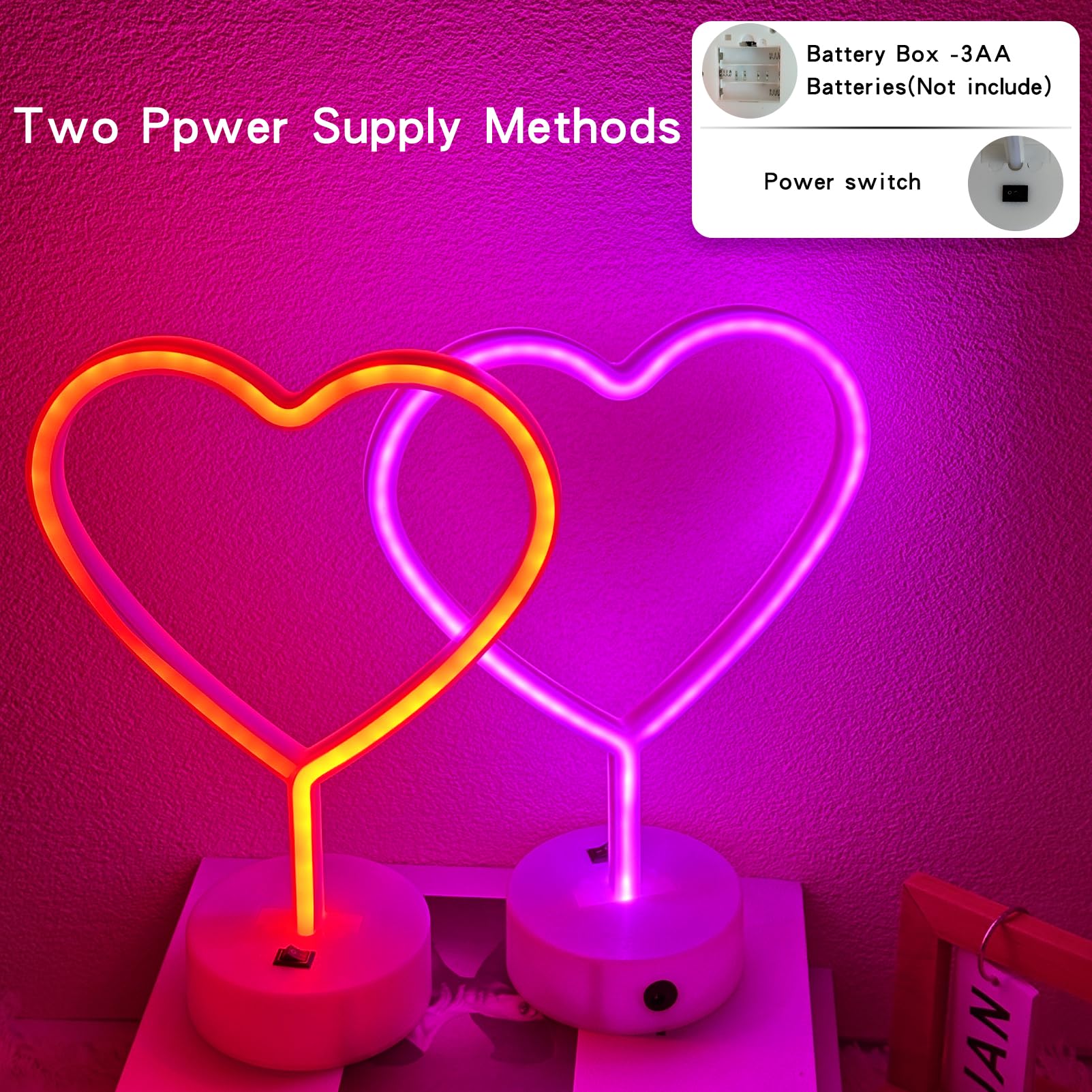 Insegna al neon a forma di cuore rosa, confezione da 2 luci al neon a LED alimentate a batteria o alimentate tramite USB, decorazione per San Valentino, per camera da letto, matrimoni