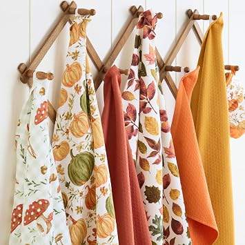 Martha Stewart Autumn Harvest Pumpkins Kitchen Towel 3-Pack Set, 100% Cotton with Absorbent Terrycloth, Decorative Kitchen Towels, Orange/Green/Ivory, 16x28