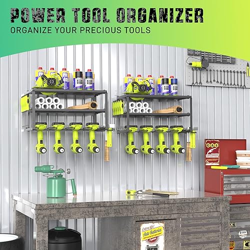 Miniatura 7 de Organizador de herramientas eléctricas de acero resistente de 3 niveles, negro mate, 3 capas, taladro inalámbrico, estante flotante montado en la