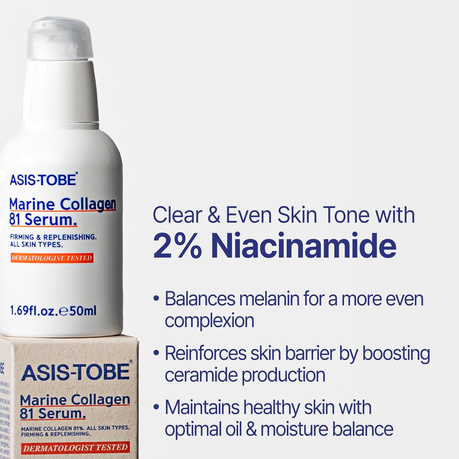 ASIS-TOBE Marine Collagen 81 Serum - Skin Firming and Radiance - Korean Hydrating Face Serum with 81% Low Molecular Hydrolyzed Collagen, Hyaluronic Acid and Niacinamide, 1.69 Fl Oz