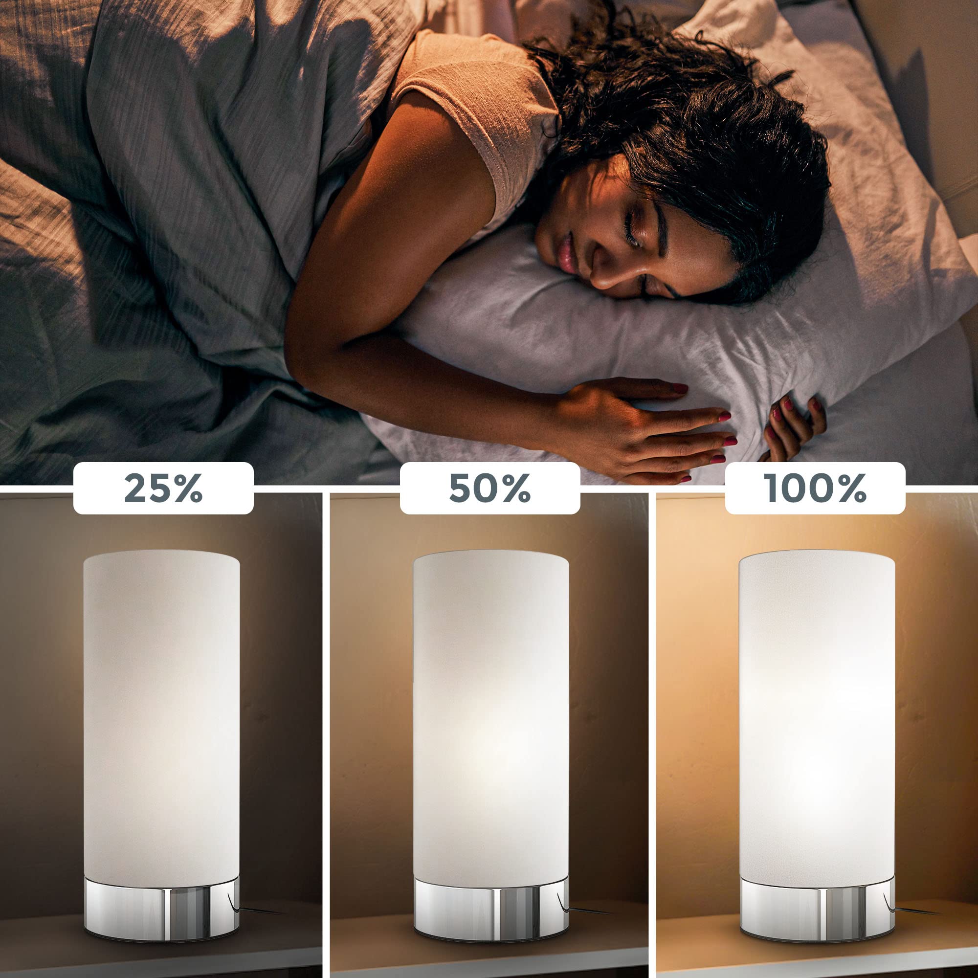 B.K.Licht - Nachttischlampe mit Touch, Dimmbar, E14 Fassung, Zylinder Glas weiß, Tischlampe, Lampe, Nachttischleuchte, Tischleuchte, Bürolampe, Leselampe, Leselicht, 24,5x11 cm (DxH), Chrom-weiß