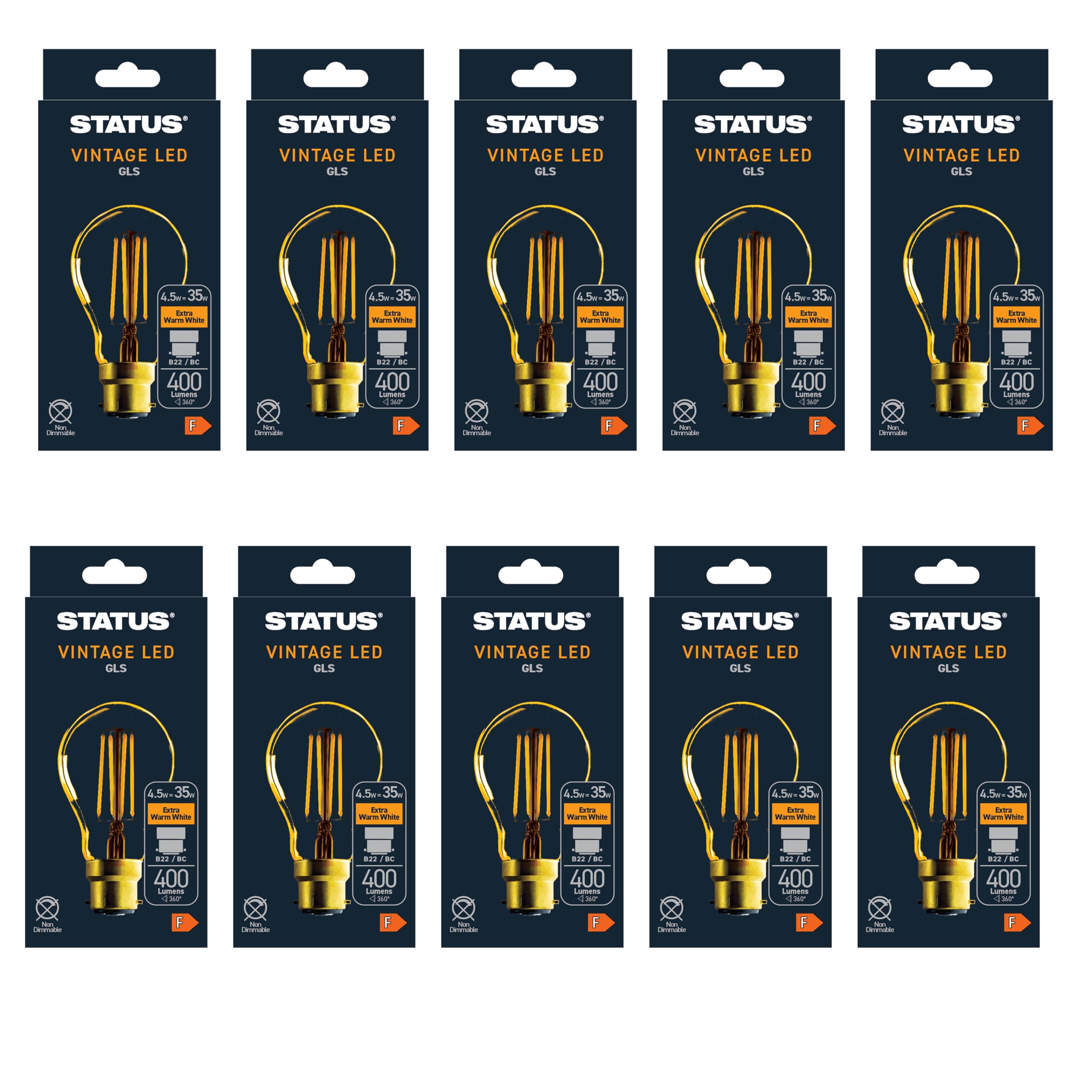 Status 4.5w = 400 lumens - Antique - A60 GLS - BC - Golden - LED Filament - 1 pk Box - in White CDU