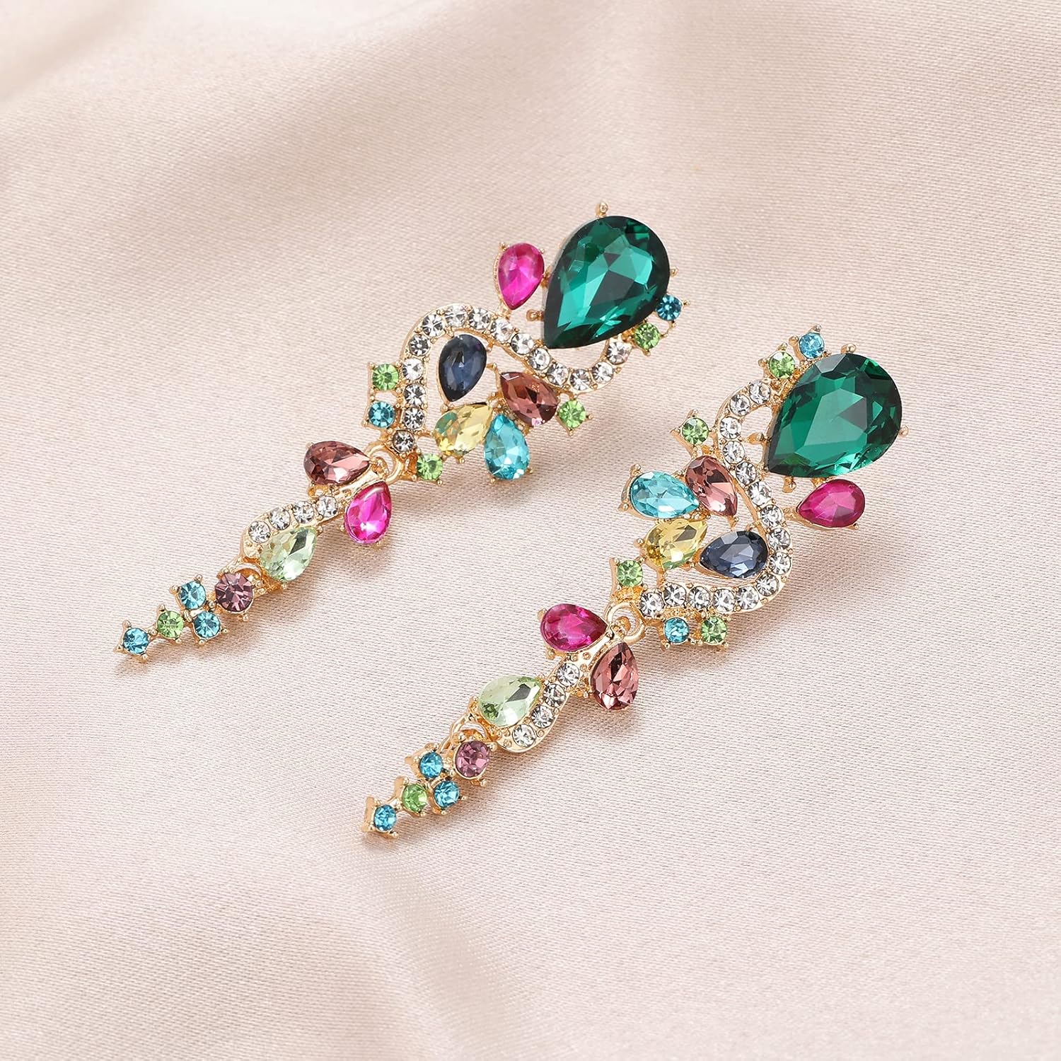 Fashion Rhinestone Statement Drop Dangle Earrings Long Colorful Crystal Bridal Wedding Teardrop Chandelier Earrings for Women Prom Pageant - Image 7