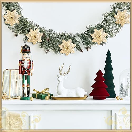 Miniatura 6 de 24 flores de Pascua artificiales con purpurina de Navidad con clips de 4 pulgadas, decoración de flores de Navidad de 4 pulgadas, coronas de árbol