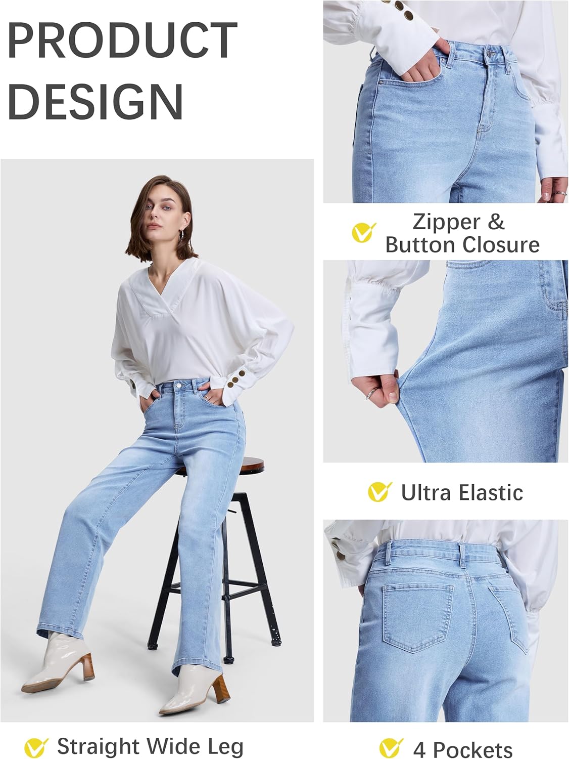 SEVEGO Women’s 32/34/36 Tall Straight Leg Jeans Mid Waisted Stretchy Loose Denim Pants Casual Baggy Jean Trousers