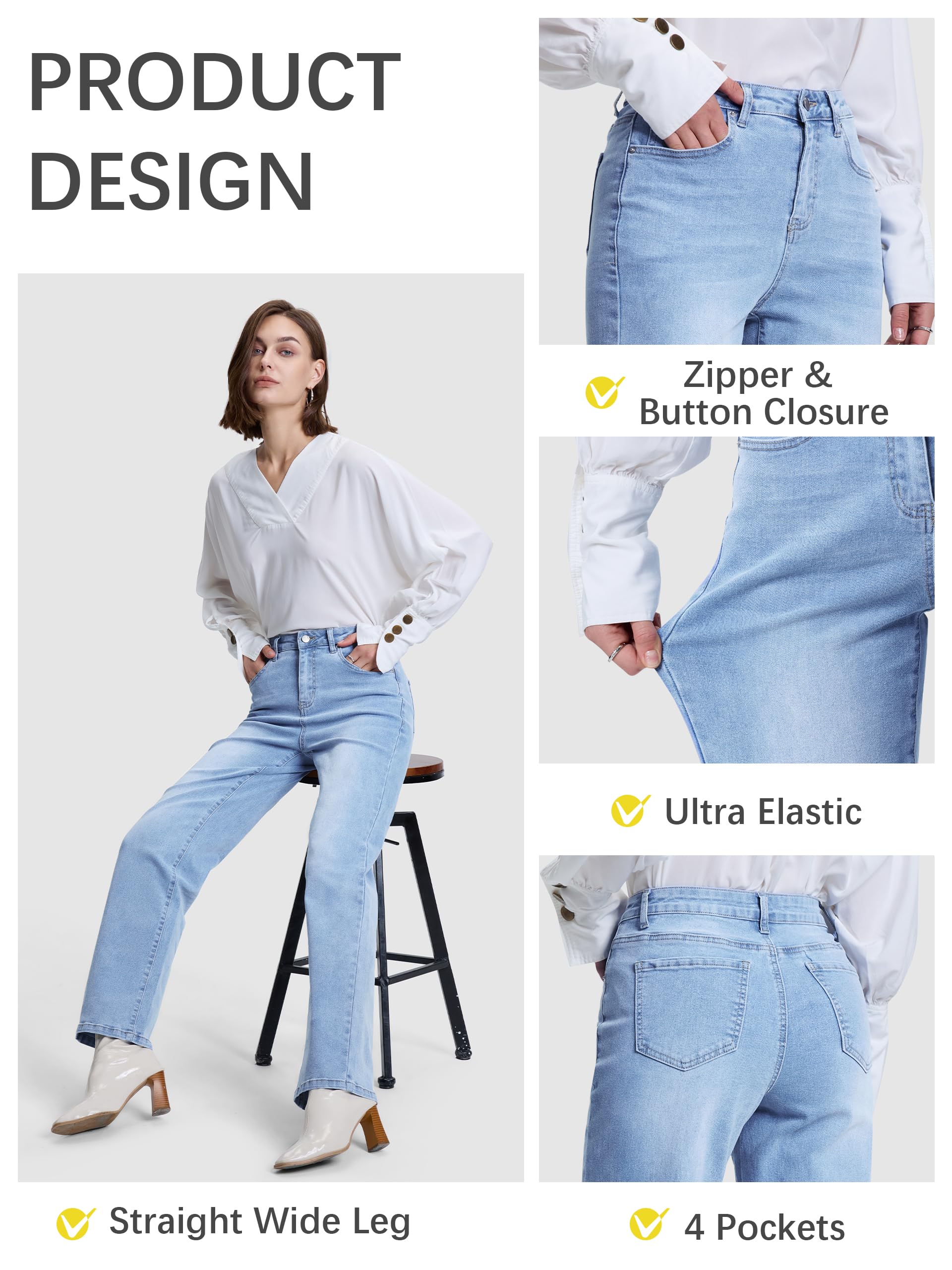 SEVEGO Pantalones de mezclilla holgados de pierna recta para mujer, de 32, 34 y 36 pulgadas de alto, cintura media, elásticos, holgados