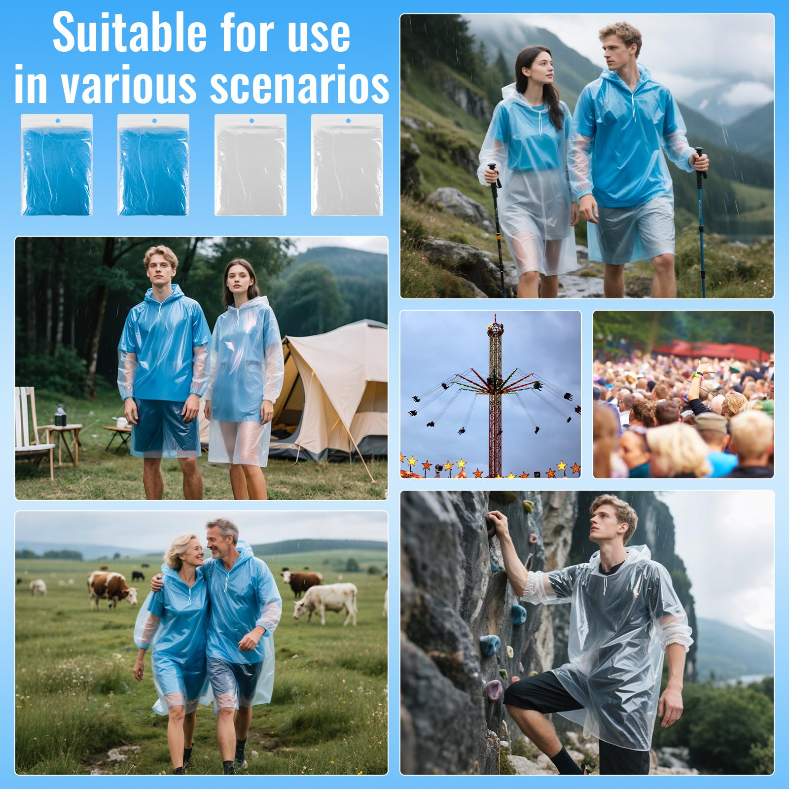 GAOHUI Lot de 4 Ponchos de Pluie Jetables Adultes Adolescents Capuche Protection Extérieur Transparent Bleu