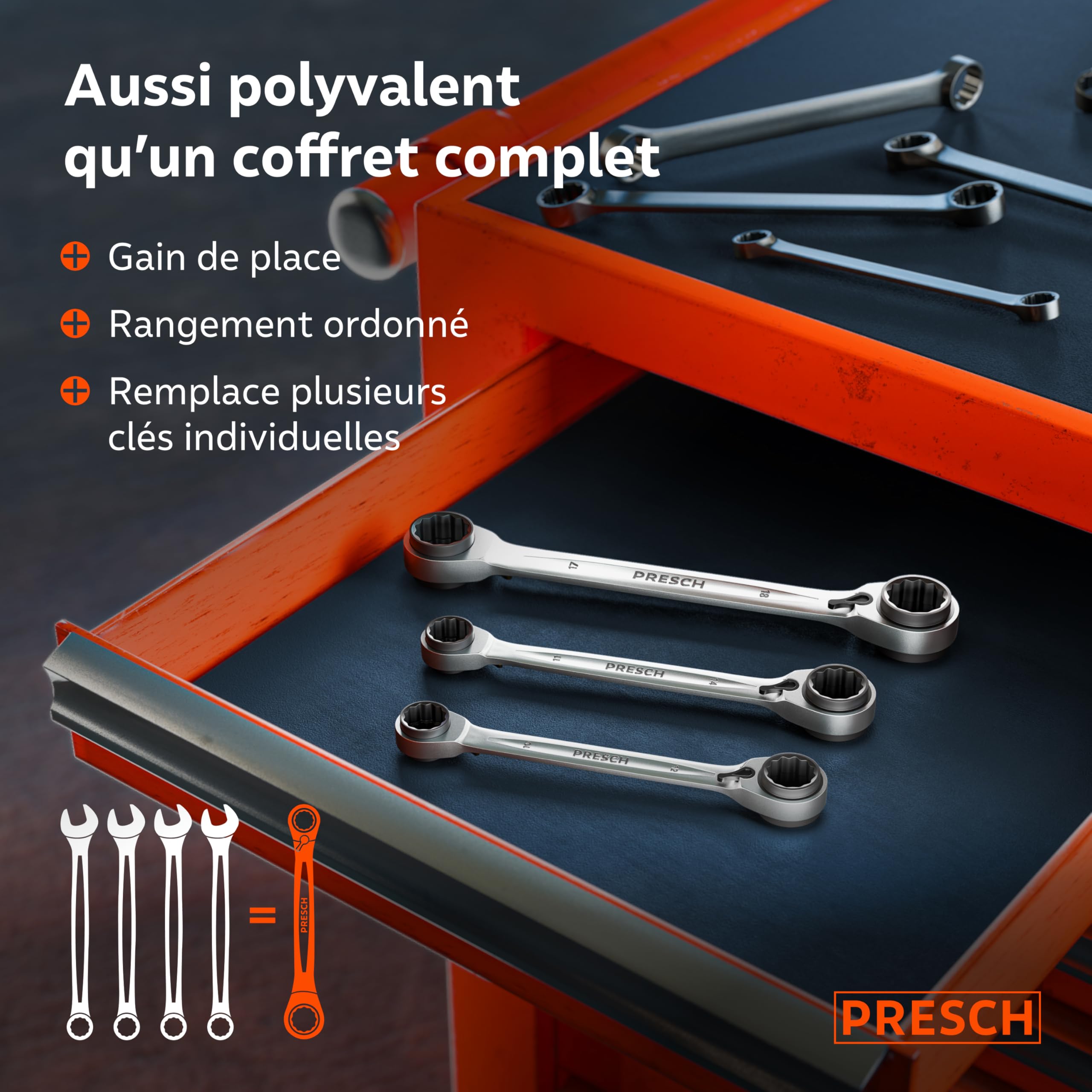 PRESCH Jeu de 4-en-1 clés à cliquet annulaire double 3 pcs avec sacoche 8-19 mm – Fonction à cliquet réversible – Clés extrêmement robuste avec 90 dents & angle de reprise de 4°