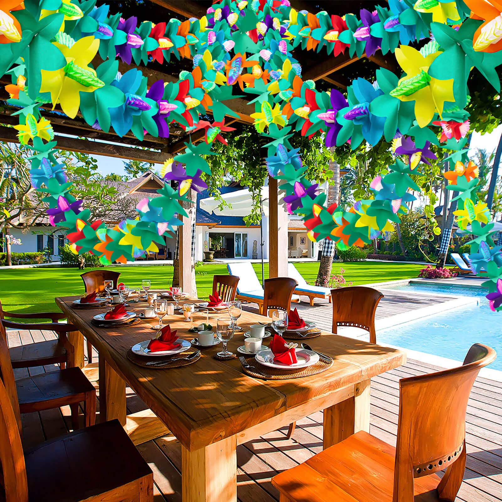 6 x tropische Blumengirlanden, buntes Luau, 15 m lang | Papierblumen Girlande Dekorationen Hawaii Strand Party Geburtstag Baby Party Hochzeit