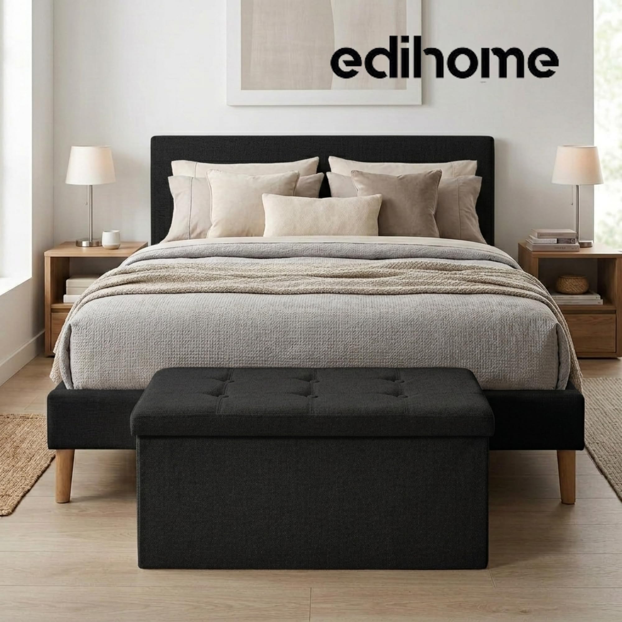 Edihome, Pouf Rangement Pliable avec Couvercle en Tissu 38x76x38 cm – Coffre de Rangement, Banc Multifonction, Repose Pied Salon, Coiffeuse (Noir)