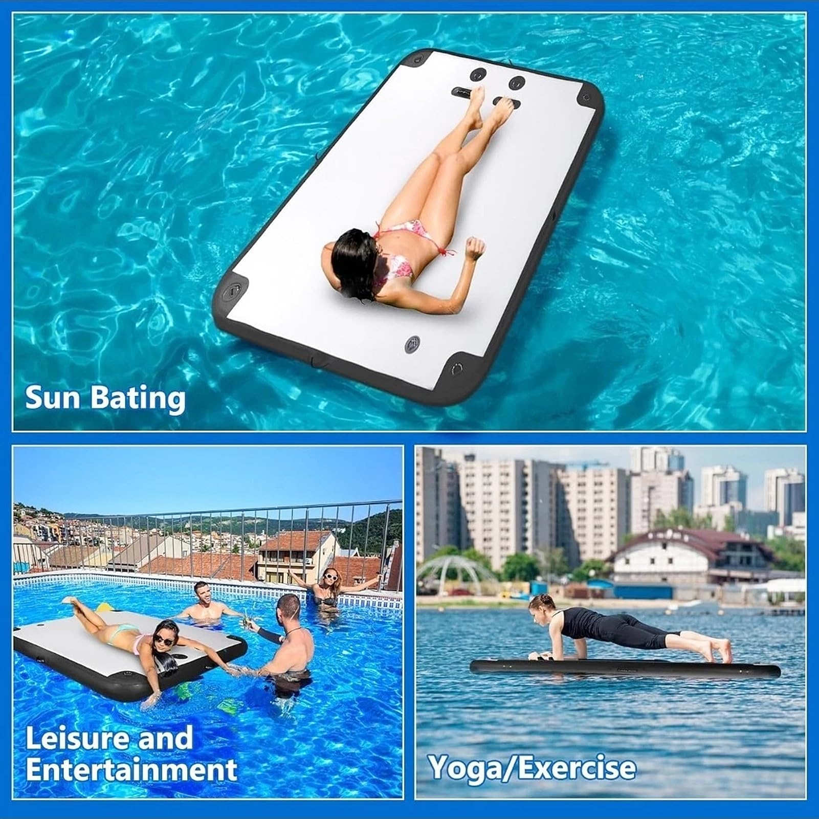 Plateforme flottante gonflable avec échelle en corde pour piscine, lac, plage et océan détente