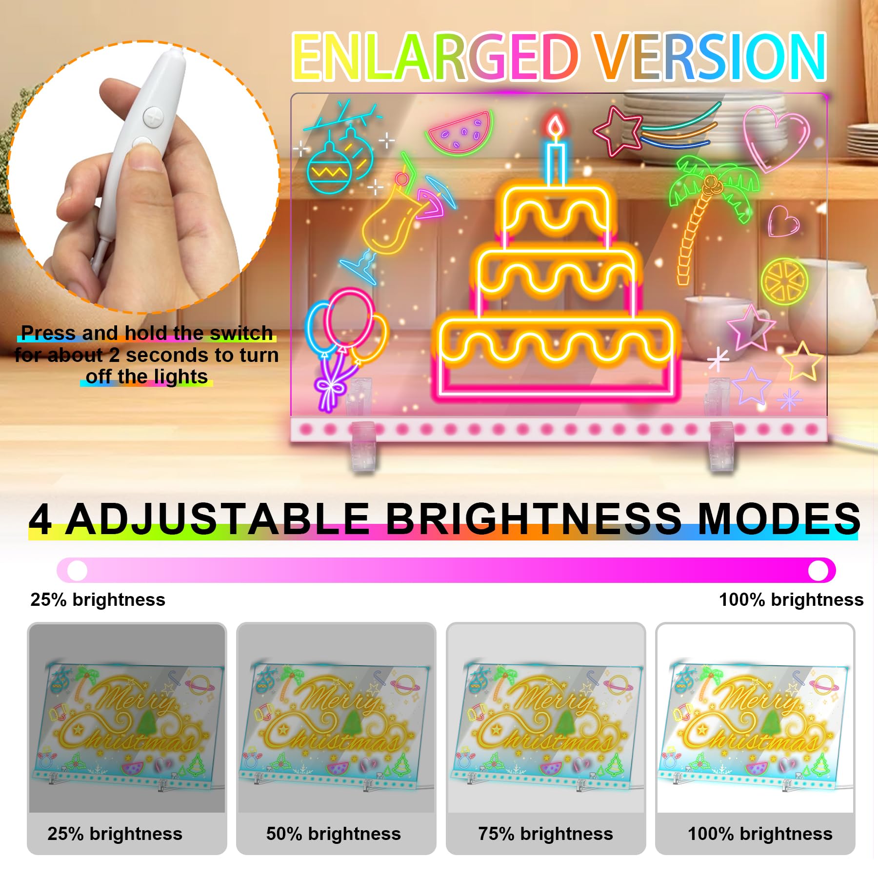 Tablero de dibujo LED con colores, 14 x 10 pulgadas, 3 modos y 7 colores de iluminación acrílica de borrado en seco, tablero de notas LED iluminado con soporte y 7 marcadores, tableta de escritura LED 4
