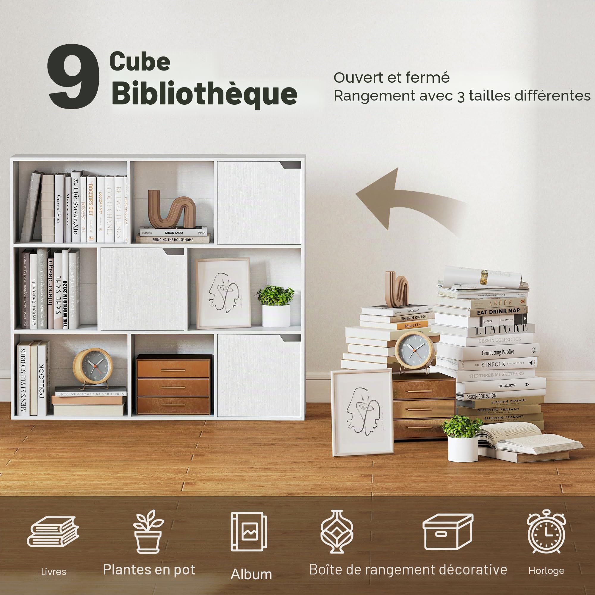 HOMCOM Bibliothèque Étagère de Rangement Étagère de Bureau avec 9 Compartiments cubiques, 3 Portes, 6 étagères Ouvertes Étagère d'affichage pour Home-Office Salon Blanc 106 x 24 x 95 cm
