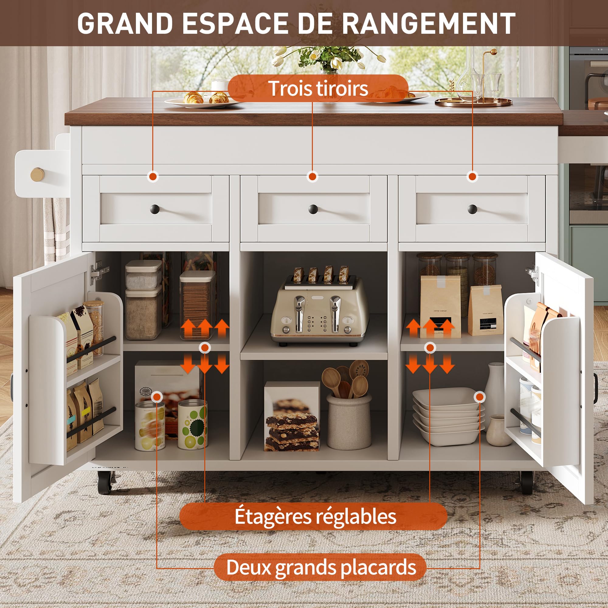 Îlot de Cuisine avec Rangement et Plan de Travail Extensible (131.5-210 cm) - Îlot Central Cuisine Table Bar/Îlot Central Mobile avec Tiroirs et Placards pour Petite Cuisine