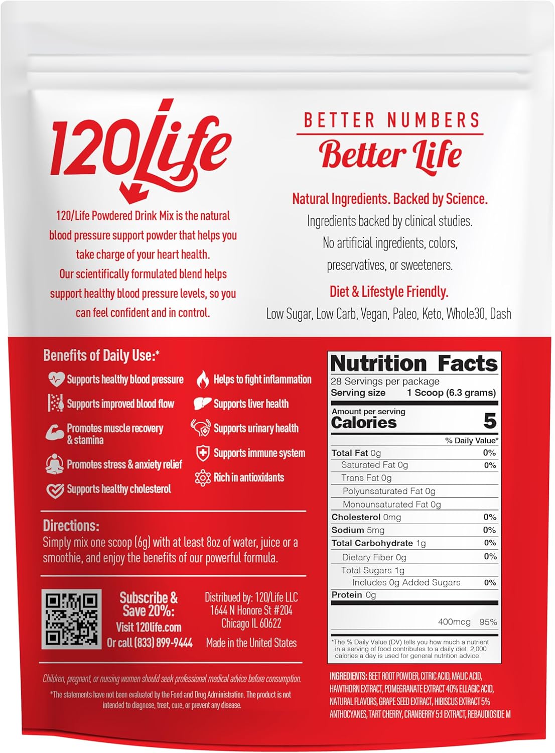 120LIFE Blood Pressure Support, Natural Beet Root Powder Drink Mix with Pomegranate Powder, Cranberry Supplement, Tart Cherry, Hibiscus, and Magnesium (28 Servings) - Gluten-Free, Vegan