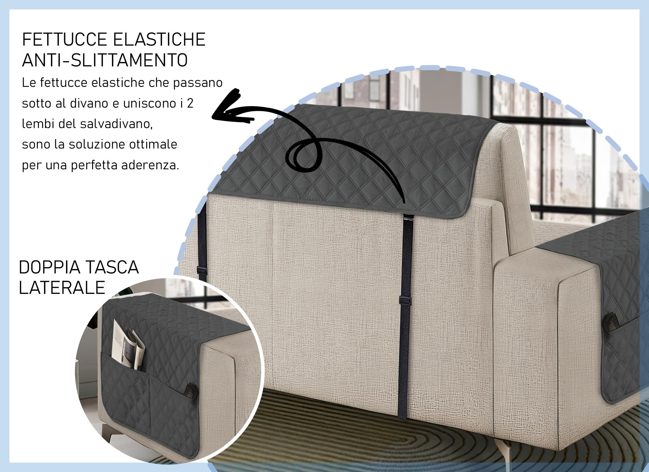 Banzaii copridivano con penisola impermeabile 3 posti, salvadivano antimacchia, trapuntato, reversibile con tasche porta oggetti – Grigio Scuro con Penisola Destra/Sinistra