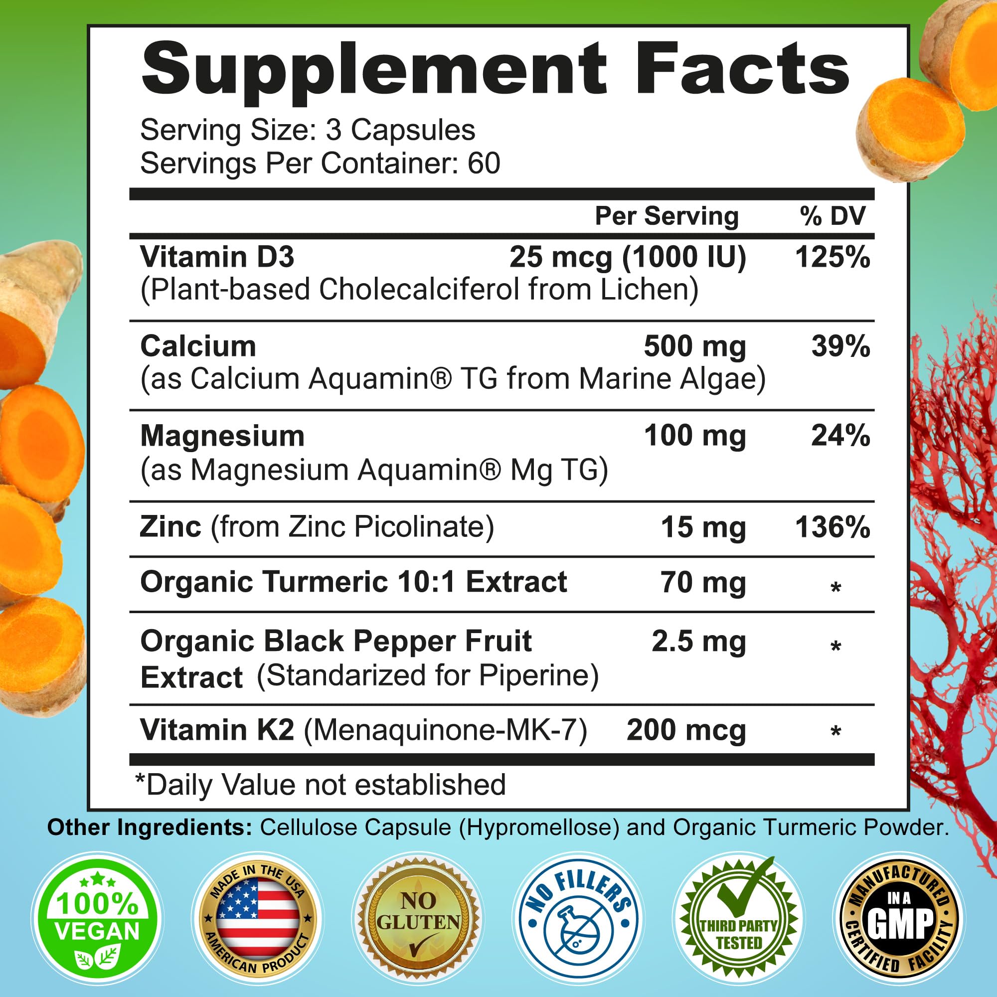 Plant Based Calcium 500mg (Aquamin) - Vegan Calcium Magnesium Zinc D3 K2 — Amazon image 6