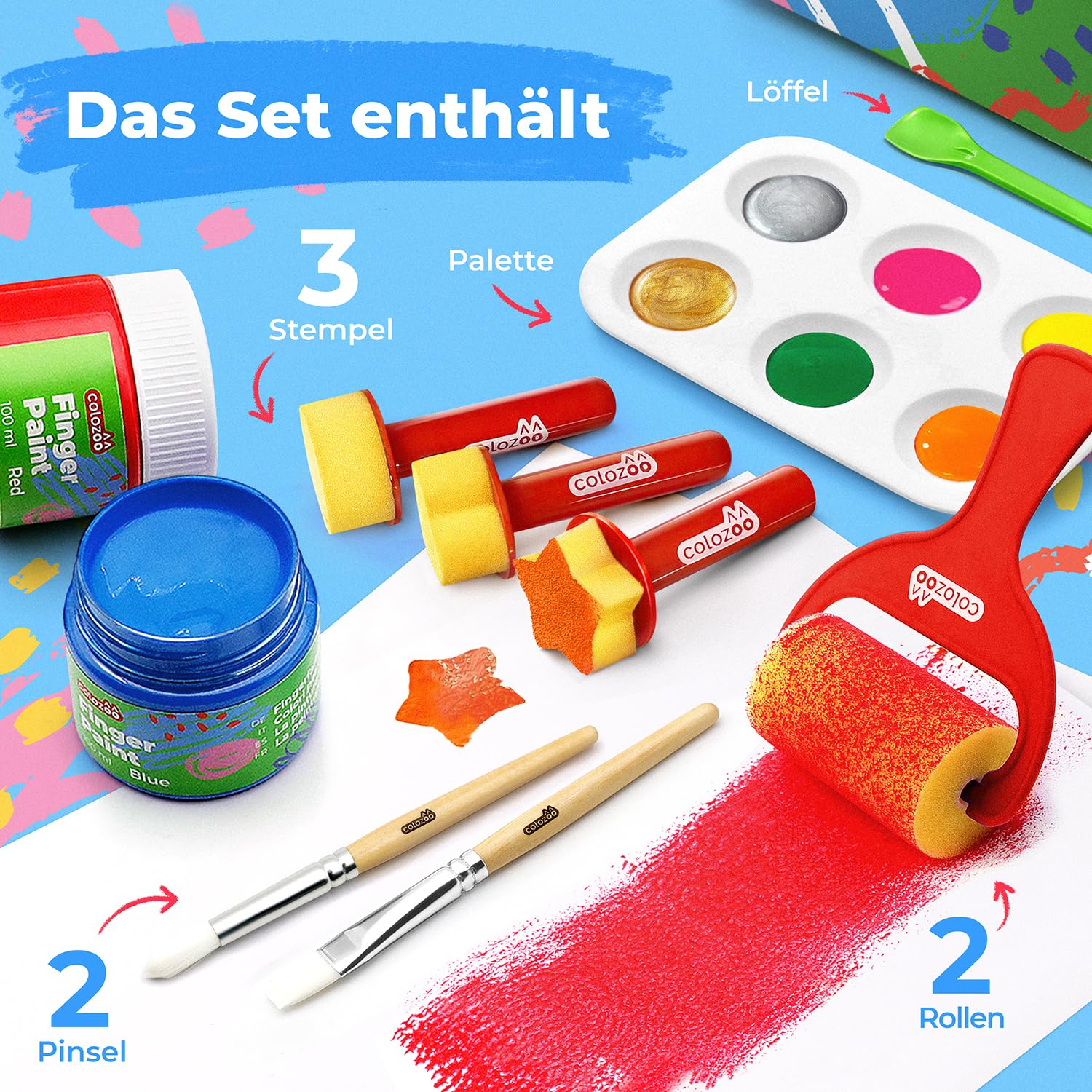 colozoo Fingerfarben Kinder Ungiftig Set inkl. Malzubehör | 8x100ml inkl. Gold & Silber | Fingerfarbe Paraben-, Gluten- & Laktosefrei, auf Wasserbasis, Vegan | Leicht zu reinigen